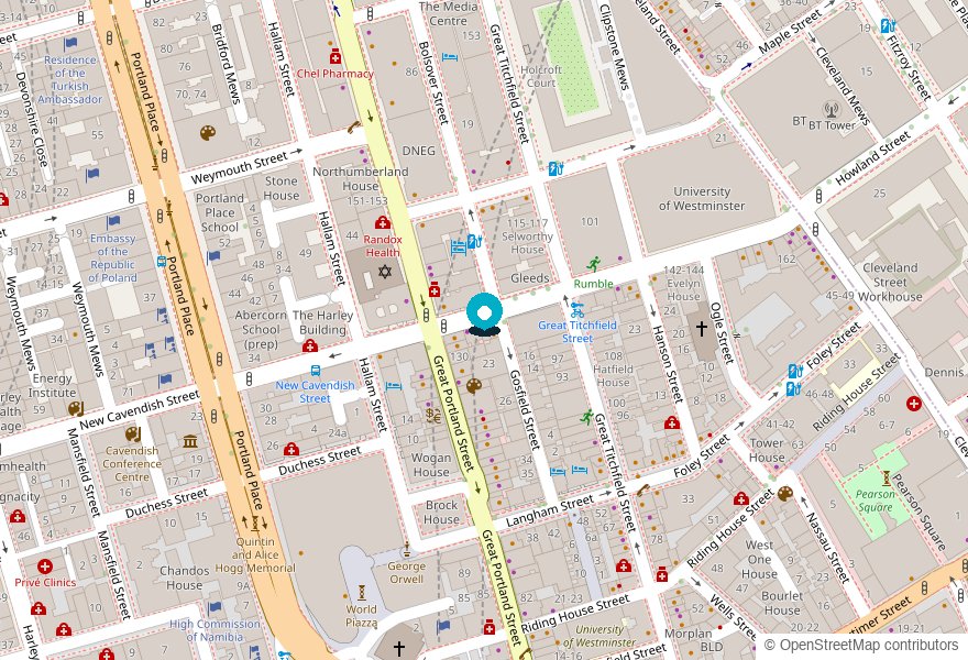 Map showing Dermamina at 114 New Cavendish Street, London W1W 6XT
